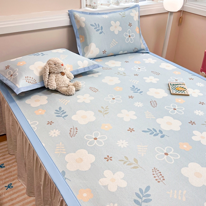 91家纺网 家纺一手货源 找家纺 慕尚家纺 2025新款数码印花床席床笠款冰藤席 床席款-花朵蓝