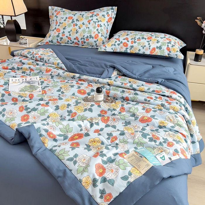 91家纺网 家纺一手货源 找家纺 宝士康家纺 2025新款10A抗菌双层纱印花夏被 青阳蓝