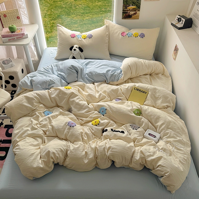 91家纺网 家纺一手货源 找家纺 耀达家居 2025新款A类水洗棉毛巾绣四件套 奇趣豆-燕麦