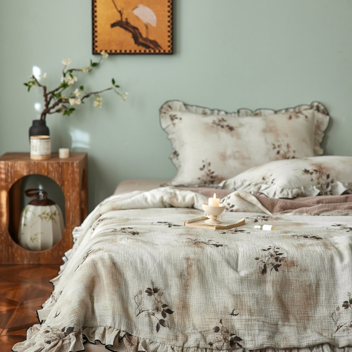 91家纺网 家纺一手货源 找家纺 安莱生活 2025新款全棉精梳棉双层纱绉纱数码印花夏凉被 云屿间-咖  夏被