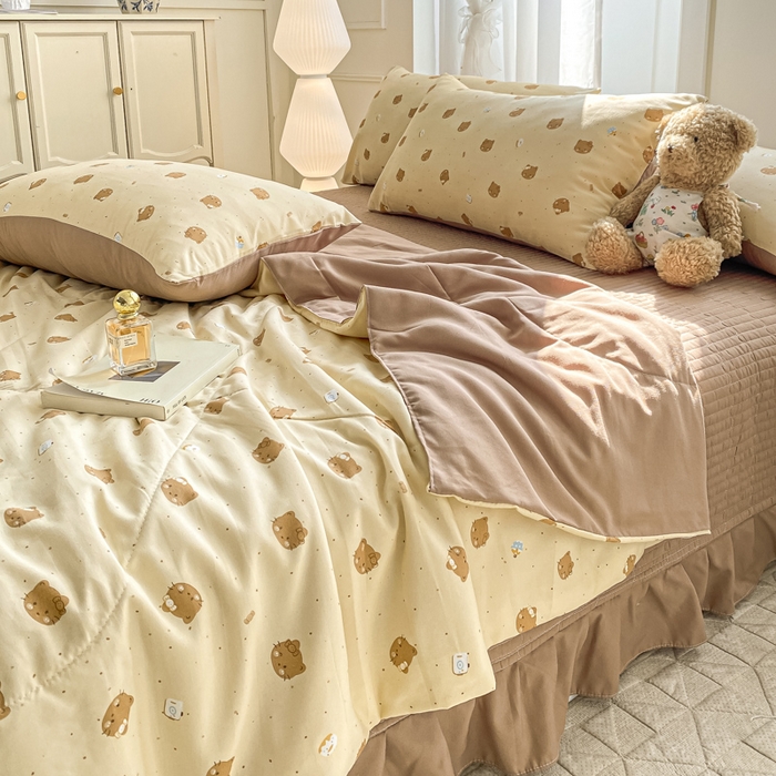 91家纺网 家纺一手货源 找家纺 2025新款针织双层纱夏被床盖四件套单夏被单床盖单品 曲奇饼干