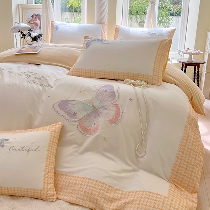 大麦乐田 2025新款数码印花刺绣四件套 浪漫花蝶 黄