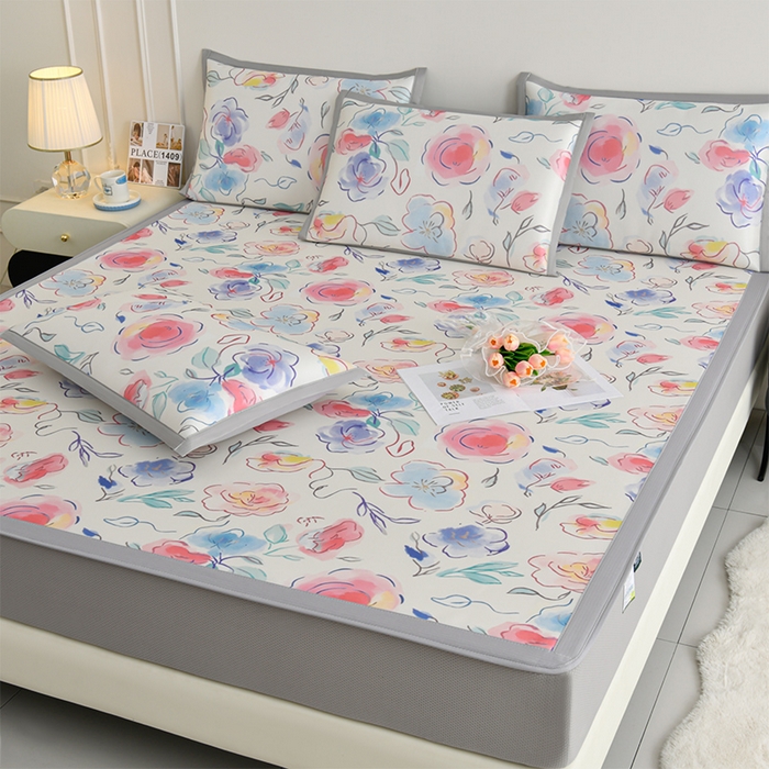 91家纺网 家纺一手货源 找家纺 简一 2025新款A类碳光印花数码冰丝凉席系列-床笠款 玫瑰花园