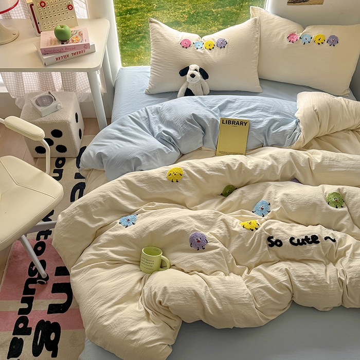 91家纺网 家纺一手货源 找家纺 耀达家居 2025新款A类水洗棉毛巾绣四件套 奇趣豆-燕麦