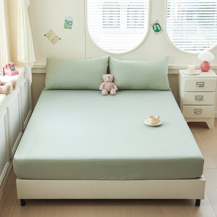 91家纺网 家纺一手货源 找家纺 2025新款全棉A类简约素色水洗棉纯棉单床笠 薄荷绿