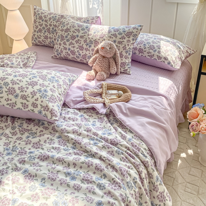 91家纺网 家纺一手货源 找家纺 2025新款针织双层纱夏被床盖四件套单夏被单床盖单品 梦幻紫藤