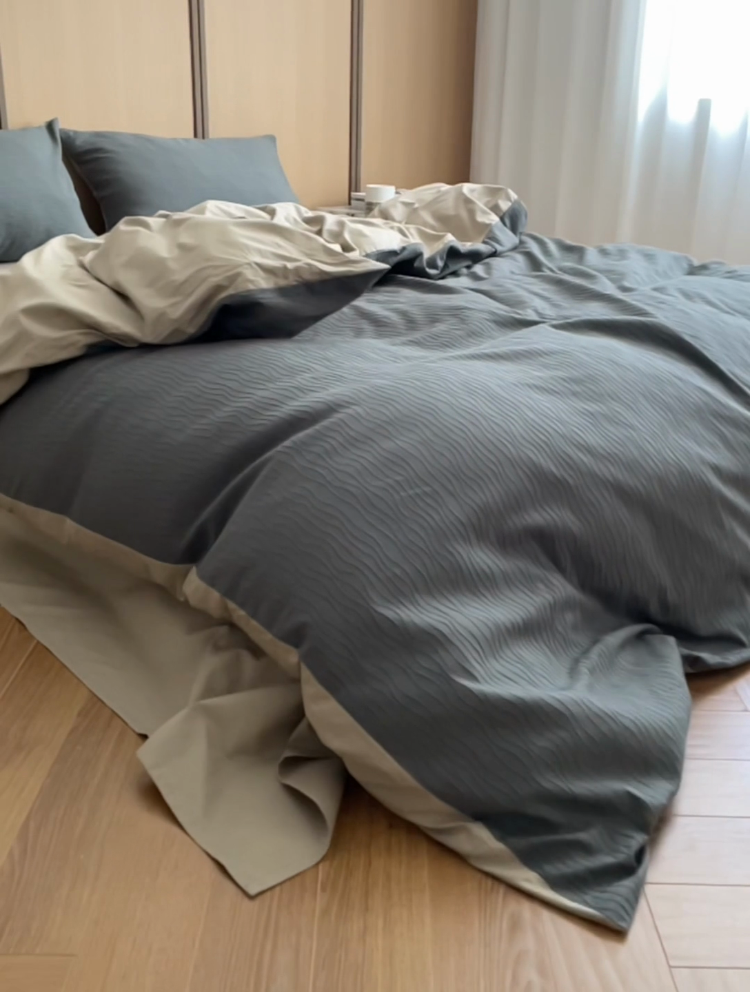 91家纺网 家纺一手货源 找家纺 风向标家纺 2025新款全棉波纹纱提花原木风四件套 波纹纱-森屿灰