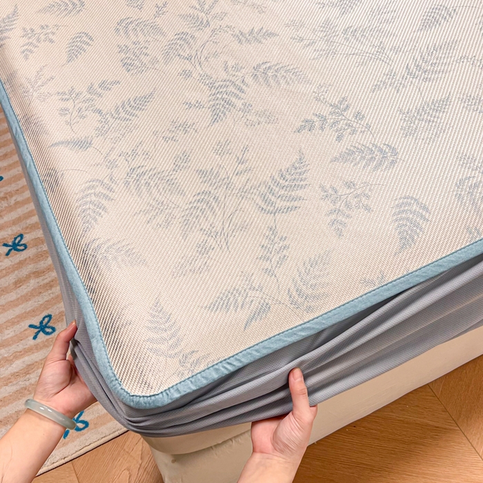 91家纺网 家纺一手货源 找家纺 慕尚家纺 2025新款数码印花床席床笠款冰藤席 床笠款-土豆叶