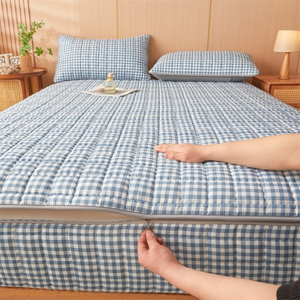 苏拉家居 2025新款无印风拉链式可拆6面全包夹棉绗缝床笠 蓝灰小格-五面夹棉