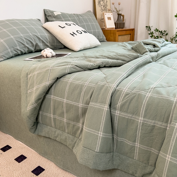 91家纺网 家纺一手货源 找家纺 宝士康家纺 2025新款10A抗菌无印风夏被四件套 格韵绿