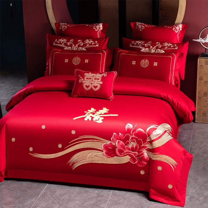 91家纺网 家纺一手货源 找家纺 博之洋婚庆 2025新款全棉长绒棉刺绣新中式婚庆系列多件套一生相守