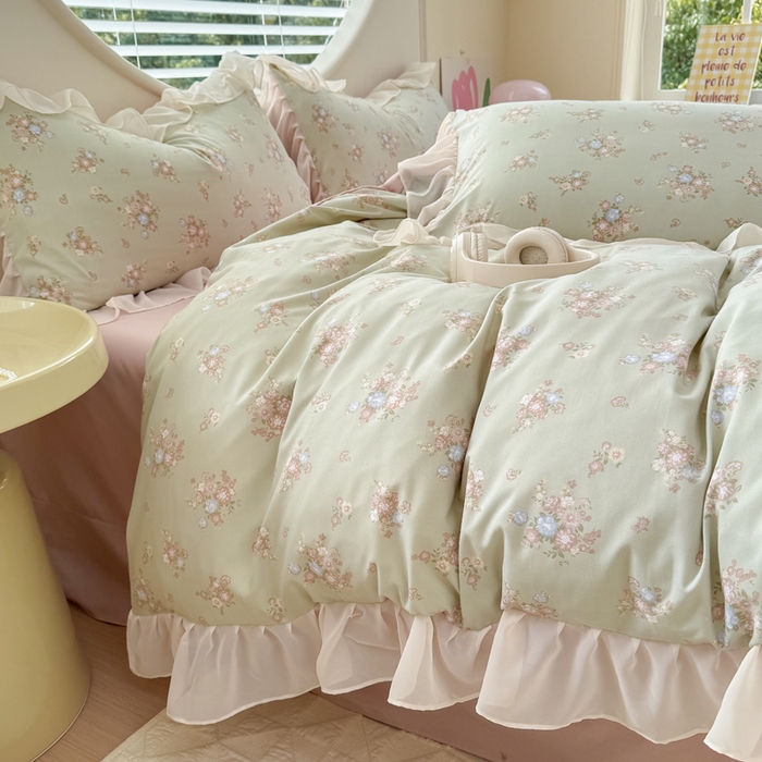 91家纺网 家纺一手货源 找家纺 苏拉家居 2025新款雪纺花边云感提花针织双层纱四件套 茶里茶气