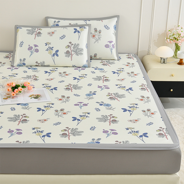 91家纺网 家纺一手货源 找家纺 简一 2025新款A类碳光印花数码冰丝凉席系列-床笠款 花开半夏