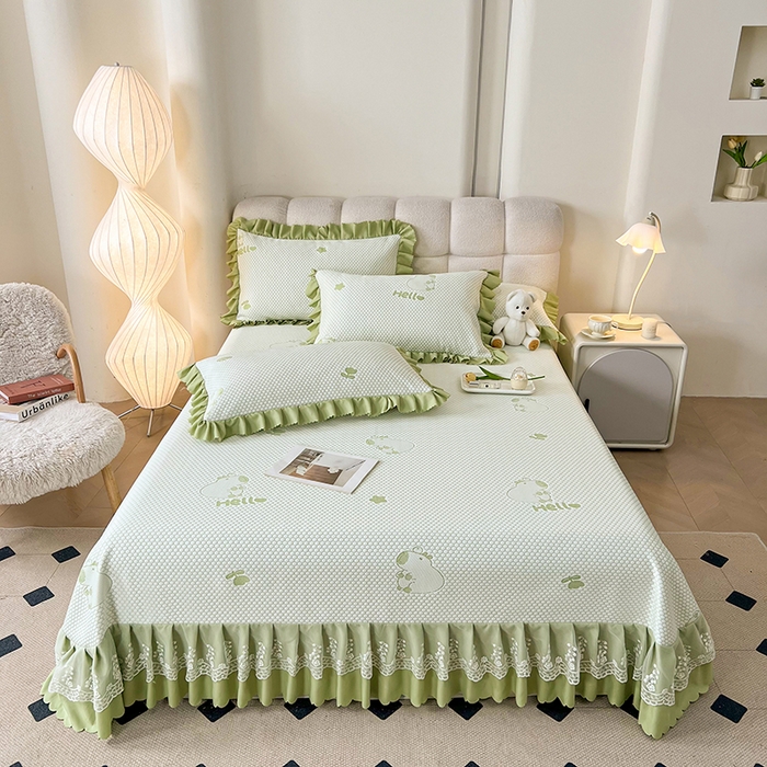 91家纺网 家纺一手货源 找家纺 2025新款A类冰豆豆提花凉席床盖 床盖款-卡皮巴拉-苹果绿