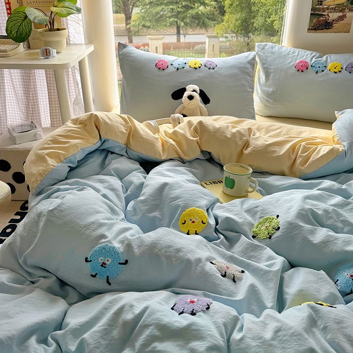 91家纺网 家纺一手货源 找家纺 耀达家居 2025新款A类水洗棉毛巾绣四件套 奇趣豆-海盐