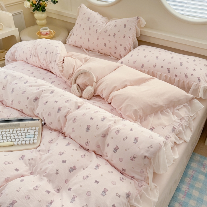 91家纺网 家纺一手货源 找家纺 苏拉家居 2025新款雪纺花边云感提花针织双层纱四件套 宠你