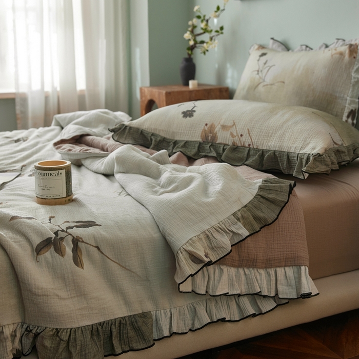 91家纺网 家纺一手货源 找家纺 安莱生活 2025新款全棉精梳棉双层纱绉纱数码印花夏凉被 烟雨江南-绿  夏被