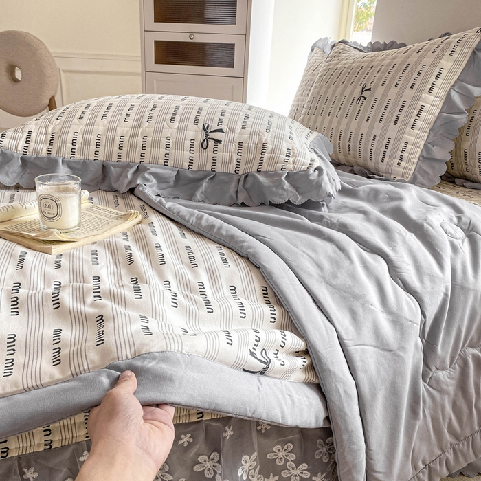 91家纺网 家纺一手货源 找家纺 2025新款直播热款A类针织棉双层纱床盖款夏被四件套 min-灰