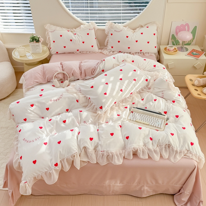 91家纺网 家纺一手货源 找家纺 苏拉家居 2025新款雪纺花边云感提花针织双层纱四件套 爱你哟