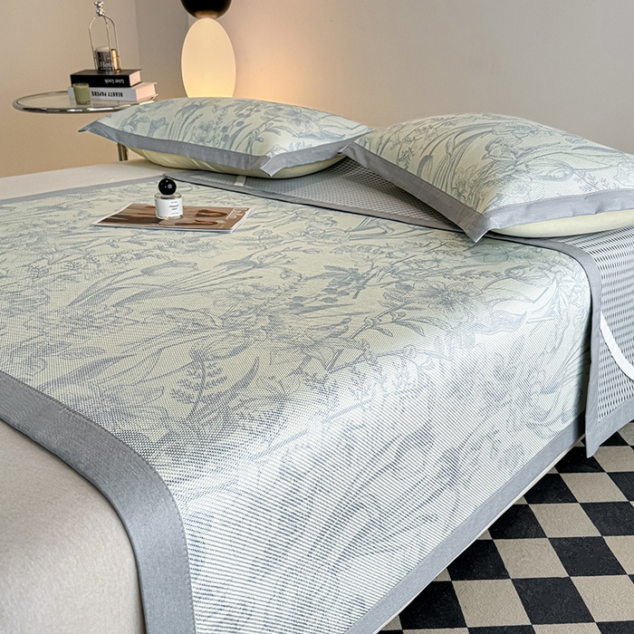 91家纺网 家纺一手货源 找家纺 格真2025新款简约印花冰藤席席子凉席 莫奈花园-灰