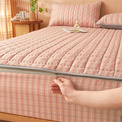 苏拉家居 2025新款无印风拉链式可拆6面全包夹棉绗缝床笠 昔城-粉-一面夹棉