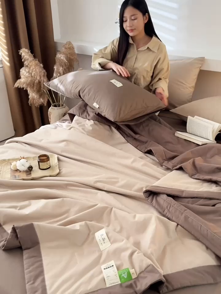 91家纺网 家纺一手货源 找家纺 眠博士 2025新款A类全棉40S纯棉新疆棉大豆夏被夏凉被空调被 包边夏被40支-杏色拼春泥