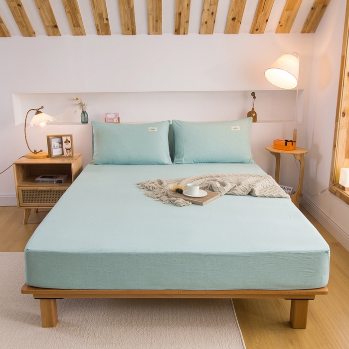 91家纺网 家纺一手货源 找家纺 2025新款全棉A类简约素色水洗棉纯棉单床笠 繁星蓝