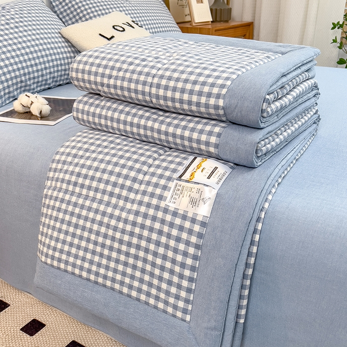 91家纺网 家纺一手货源 找家纺 宝士康家纺 2025新款10A抗菌无印风夏被四件套 天蓝小格