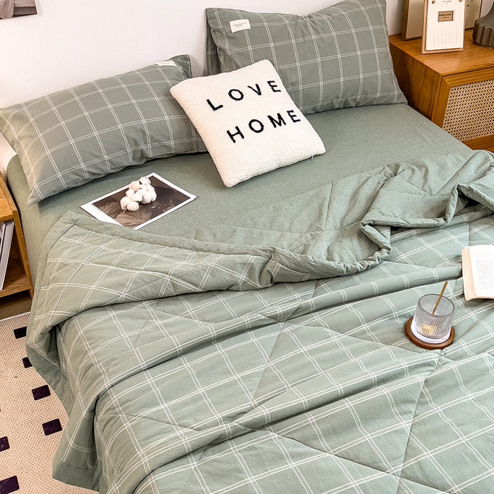 91家纺网 家纺一手货源 找家纺 宝士康家纺 2025新款10A抗菌无印风夏被四件套 格韵绿