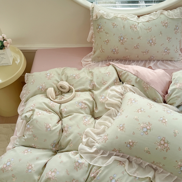 91家纺网 家纺一手货源 找家纺 苏拉家居 2025新款雪纺花边云感提花针织双层纱四件套 茶里茶气