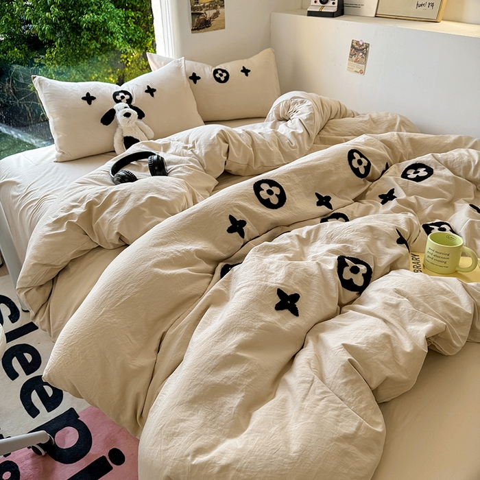 91家纺网 家纺一手货源 找家纺 耀达家居 2025新款A类水洗棉毛巾绣四件套 四叶草-咖