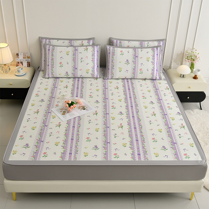 91家纺网 家纺一手货源 找家纺 简一 2025新款A类碳光印花数码冰丝凉席系列-床笠款 紫色梦境