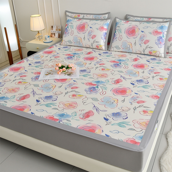 91家纺网 家纺一手货源 找家纺 简一 2025新款A类碳光印花数码冰丝凉席系列-床笠款 玫瑰花园