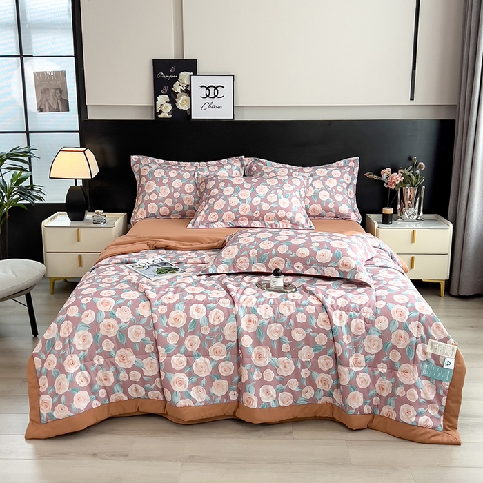 91家纺网 家纺一手货源 找家纺 宝士康家纺 2025新款10A抗菌双层纱印花夏被四件套 夏日玫瑰