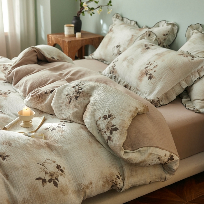 91家纺网 家纺一手货源 找家纺 安莱生活 2025新款全棉精梳棉双层纱绉纱数码印花四件套 云屿间-咖