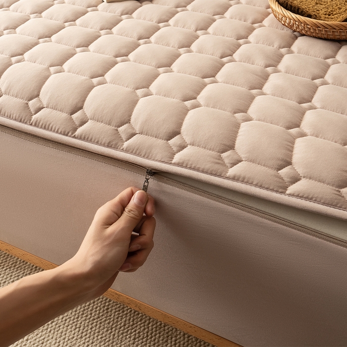 91家纺网 家纺一手货源 找家纺 叠派家纺 2025新款5A抗菌A类夹棉床笠经典款防水款系列 包边款-经典格奶昔驼