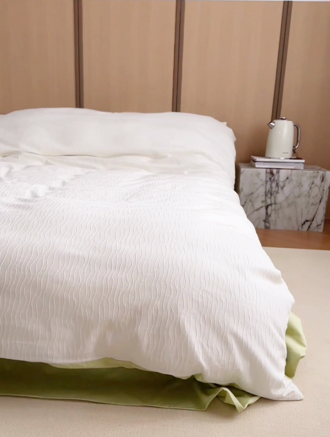 91家纺网 家纺一手货源 找家纺 风向标家纺 2025新款全棉波纹纱提花原木风四件套 波纹纱-雨竹白