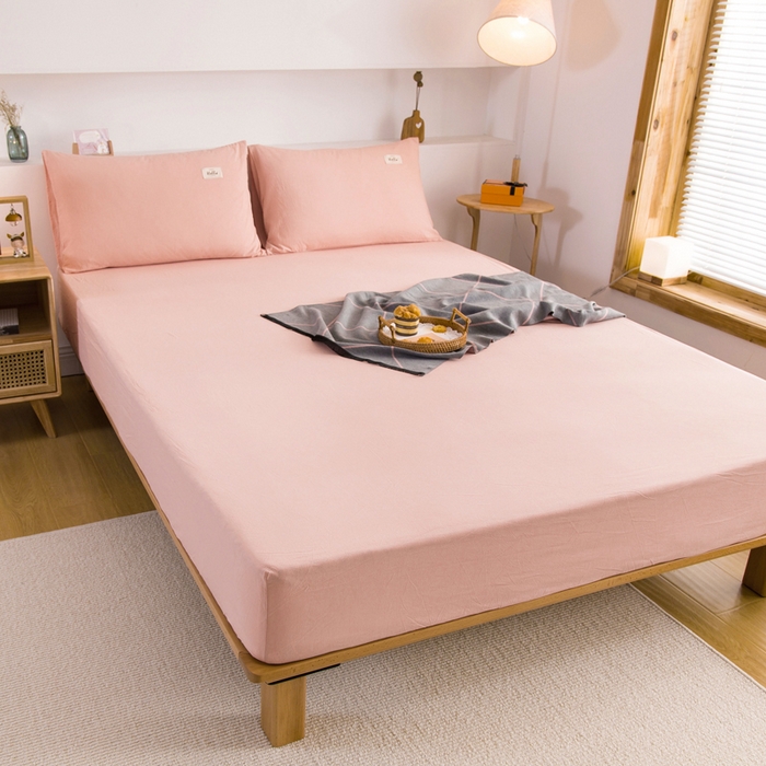 91家纺网 家纺一手货源 找家纺 2025新款全棉A类简约素色水洗棉纯棉单床笠 浅粉