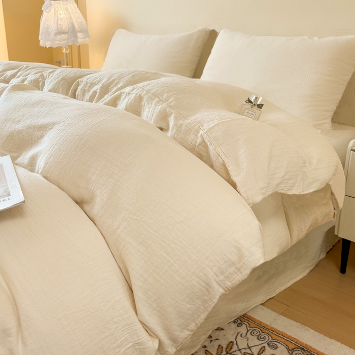 91家纺网 家纺一手货源 找家纺 鲁爱家纺供货 2025新款全棉双层皱皱纱四件套 不染（拉链款）