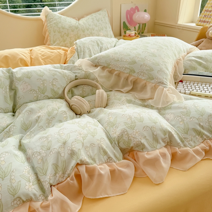 91家纺网 家纺一手货源 找家纺 苏拉家居 2025新款雪纺花边云感提花针织双层纱四件套 风铃草