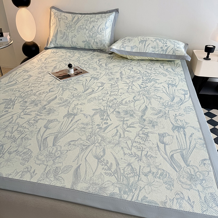 91家纺网 家纺一手货源 找家纺 格真2025新款简约印花冰藤席席子凉席 莫奈花园-灰