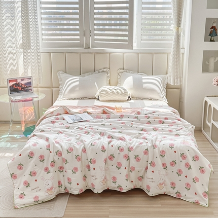 91家纺网 家纺一手货源 找家纺 富艺隆 2025新款A类水洗棉双层纱夏被水洗棉麻空调被直播爆款大豆夏被 曼塔玫瑰