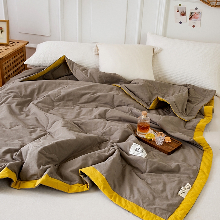91家纺网 家纺一手货源 找家纺 天瑜 2024全棉夏被棉花芯纯色水洗棉夏凉被可水洗空调被 绅士灰-黄