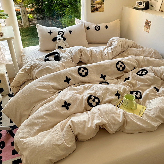 91家纺网 家纺一手货源 找家纺 耀达家居 2025新款A类水洗棉毛巾绣四件套 四叶草-咖