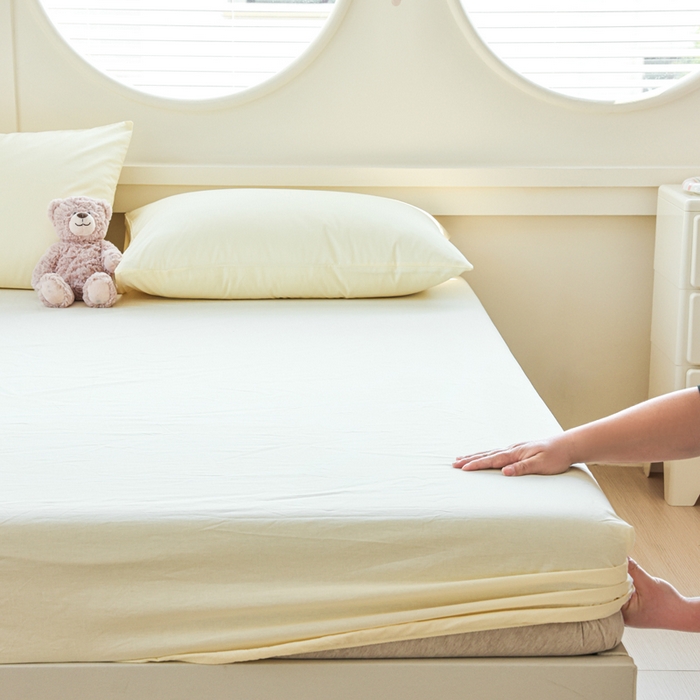 91家纺网 家纺一手货源 找家纺 2025新款全棉A类简约素色水洗棉纯棉单床笠 奶黄