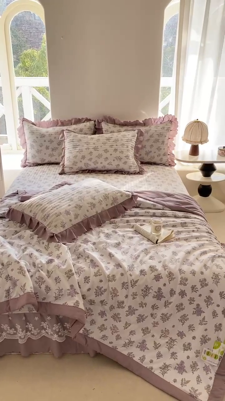 91家纺网 家纺一手货源 找家纺 2025新款直播热款A类针织棉双层纱床盖款夏被四件套 米娅