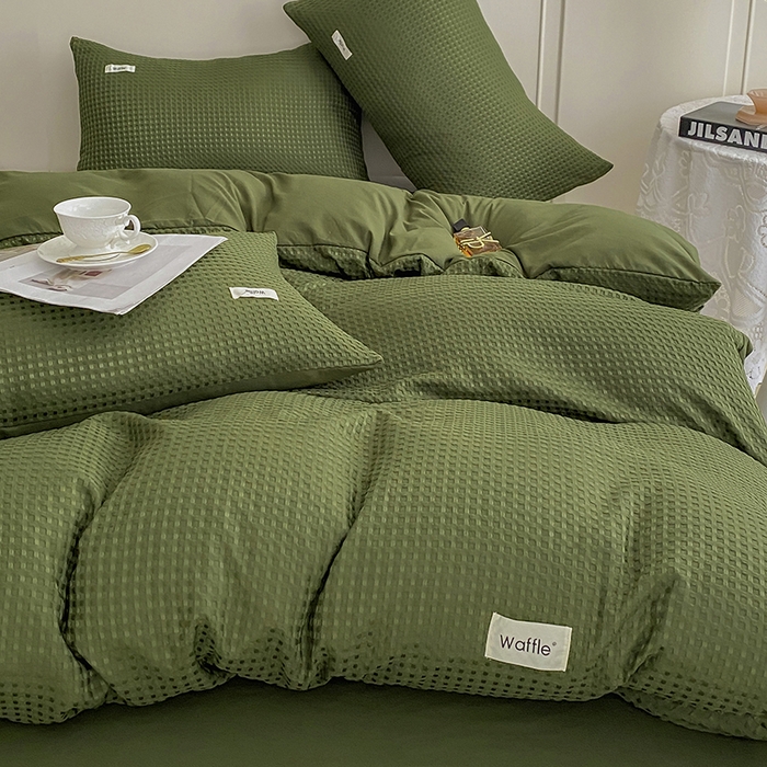 91家纺网 家纺一手货源 找家纺 仟网汇 2025新款华夫格森语系列四件套北欧简约风 抹茶