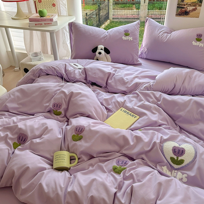 91家纺网 家纺一手货源 找家纺 耀达家居 2025新款A类水洗棉毛巾绣四件套 郁金香