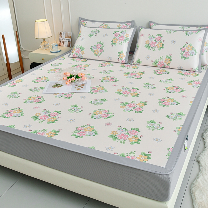 91家纺网 家纺一手货源 找家纺 简一 2025新款A类碳光印花数码冰丝凉席系列-床笠款 满园春色