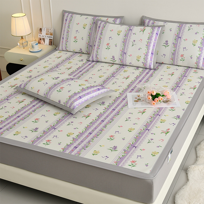 91家纺网 家纺一手货源 找家纺 简一 2025新款A类碳光印花数码冰丝凉席系列-床笠款 紫色梦境